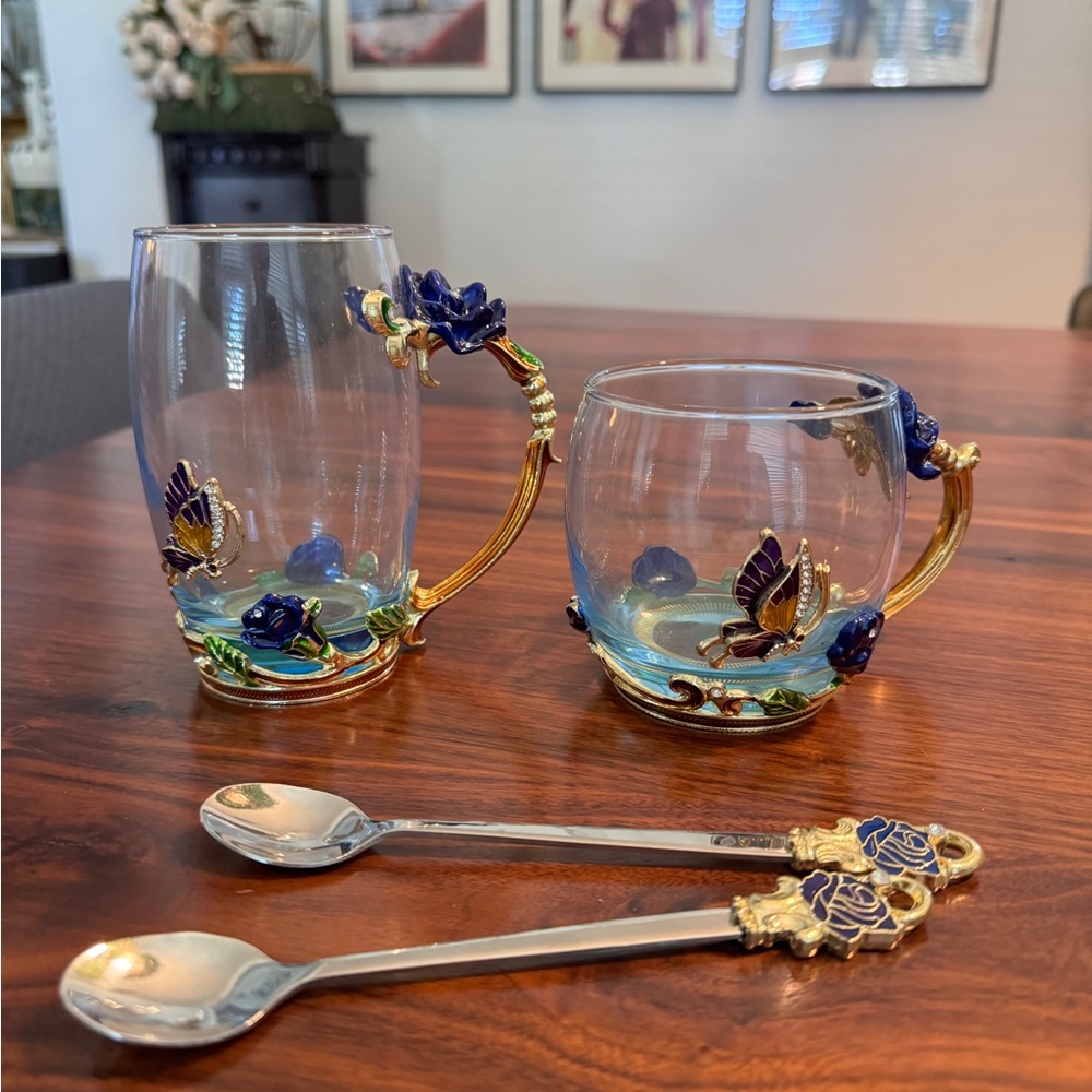 Gift Set ARC Glass Mug And Spoon Set  Mug With Metal Rose And Butterfly